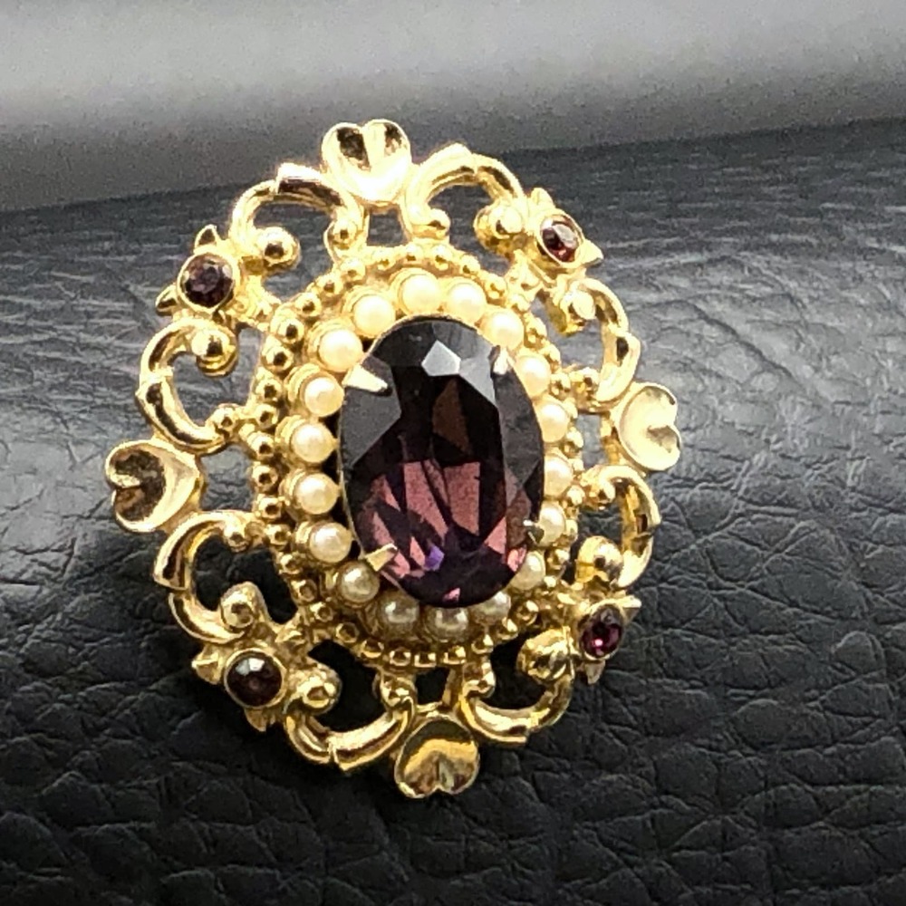Coro Early Signature Brooch Faux Amethyst Pearl Victorian Gold Tone Filigree Pin